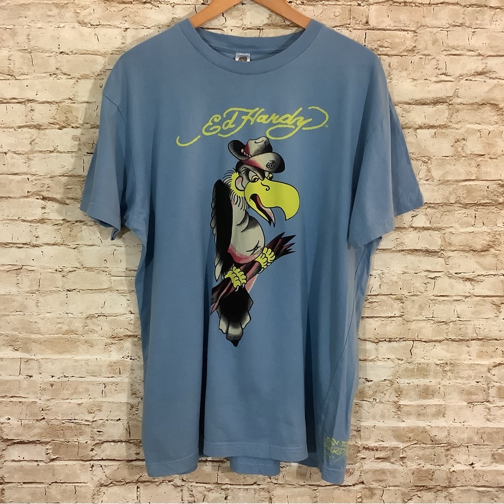 Christian Audigier Ed Hardy Light Blue Tee with Parrot Graphic Y2K Vintage 4XL